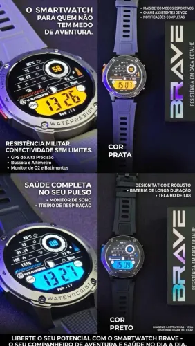 Smartwatch Brave Wearzone Tático - Resistenten à Água (Prata e Preto)