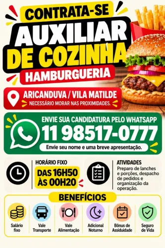 Auxiliar de Cozinha - Vila Matilde / Aricanduva<br>