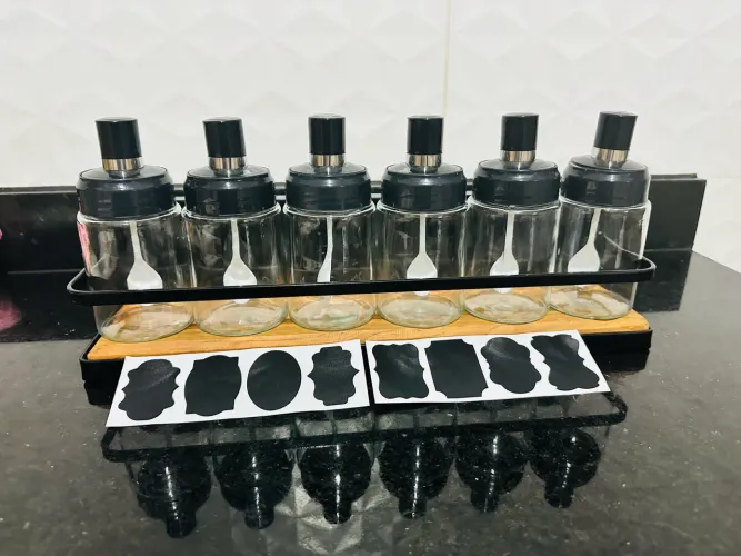 Kit pote de vidro para tempero com colher + suporte +etiquetas 