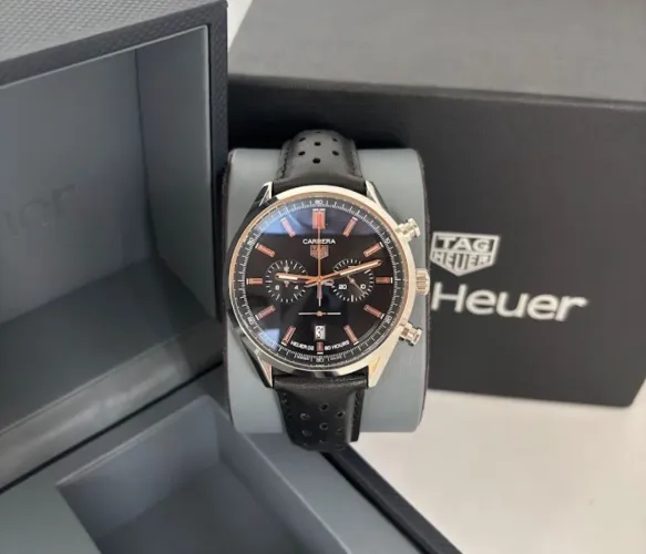 Relógio TAG H Carrera Cronógrafo Preto Rose Gold Pulseira Couro Linha Premium