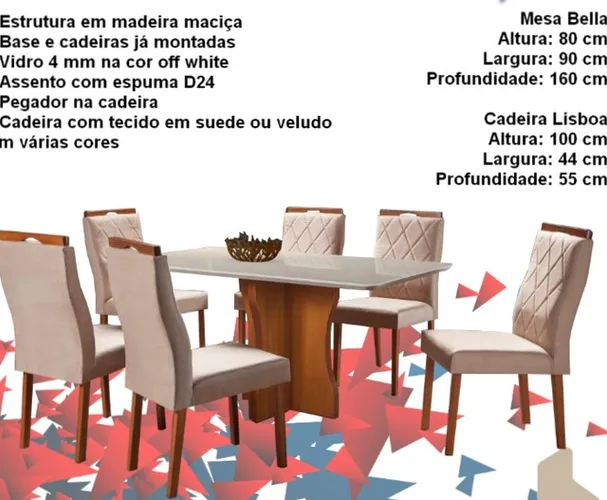 Sala mesa jantar madeira maciça com 6 cadeiras tampo de vidro