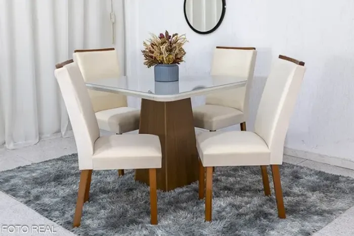 Promoção! Mesa Jantar Luna Imbuia 90×90 4 Cadeiras Lunara Veludo Creme Até 12x