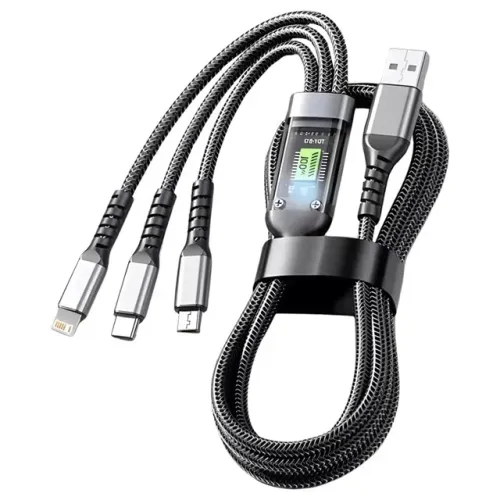 Cabo Cel 3 Vias Oberon OR-CO33 1.2M 2.4A Display LED/Trançado MicroUSB - WZetta