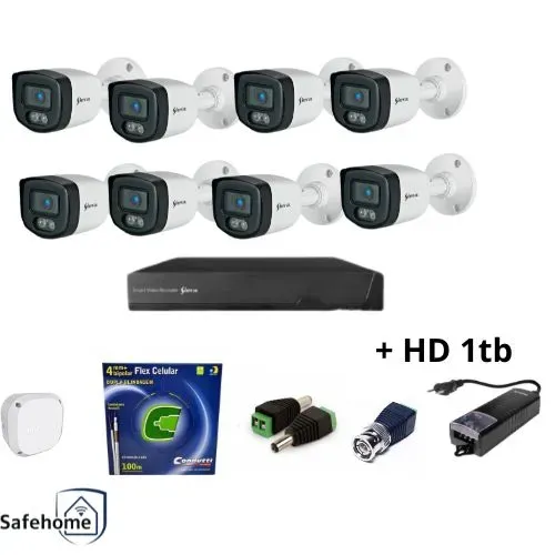 Kit de Segurança Siera - 8 Câmeras Full Color + DVR + HD + Acessórios