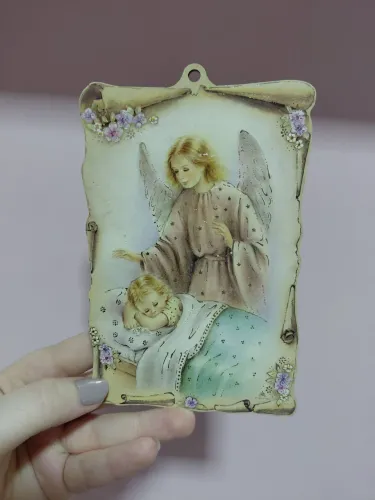 Quadro de madeira antigo decorativo, de um Anjo.