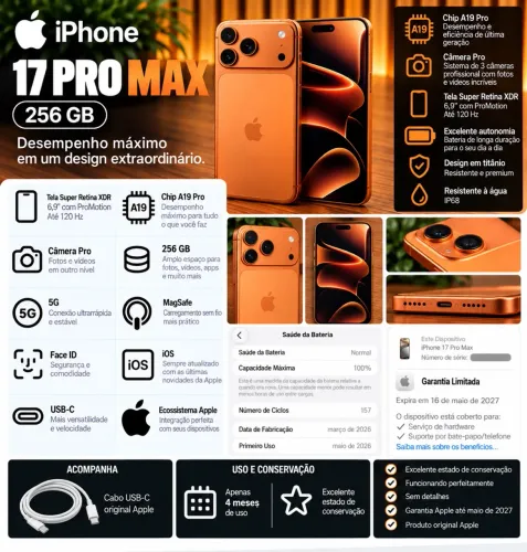 iPhone 17 PRO MAX 256GB Orange - Garantia Apple até Maio 2027