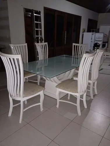 Mesa 06 lugares tampo de vidro branco