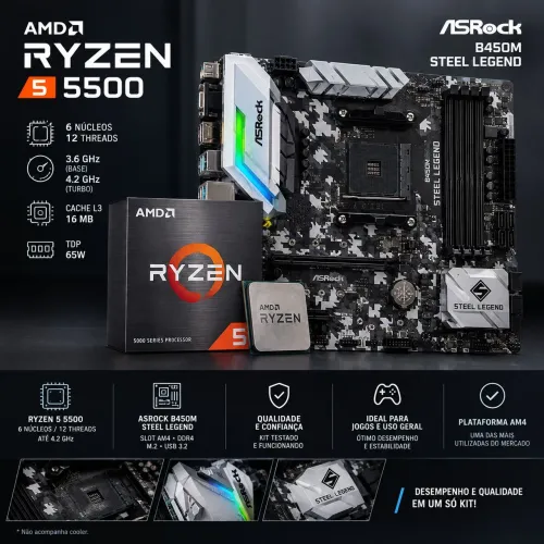 Kit Upgrade processador Ryzen 5 5500 + Placa mãe B450m Steel legend 