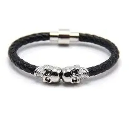 Pulseira de Couro Preto com Caveiras Gêmeas