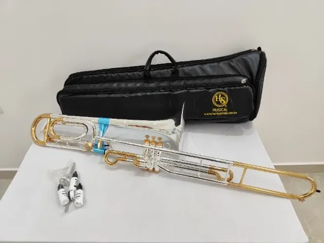 Trombone de Pisto c/ Rotor Hs Musical TBV3 Sib - Prata c/ Ouro - NOVO - Parcelo 18x