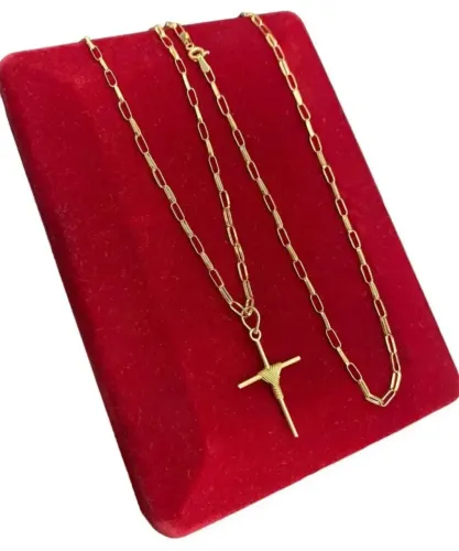 Cordão De Ouro Maciço 18k Cadeado Alongada + Ping Cruz 2.9g