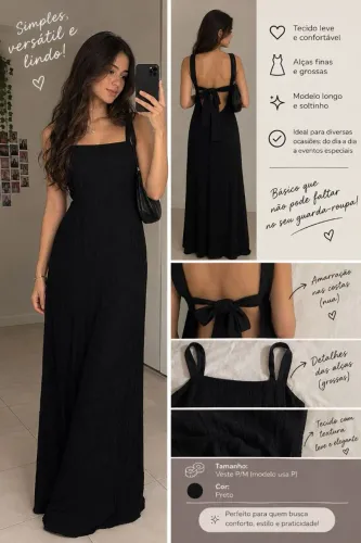 Vestido Longo Preto com Amarração nas Costas 
