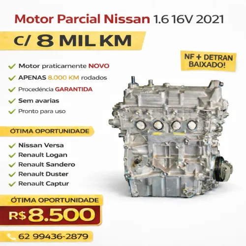 Motor Parcial Nissan 1.6 16V 2021 C/ 8 Mil Km - Captur/Duster/Logan/Sandero/Versa