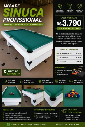 ? Mesa de Sinuca Profissional 2,20m - Completa - Excelente Estado