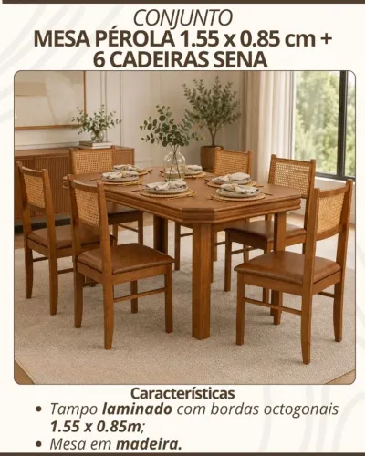Conjunto de mesa perola 1,55x0,85 em madeira c/ 6 cadeiras