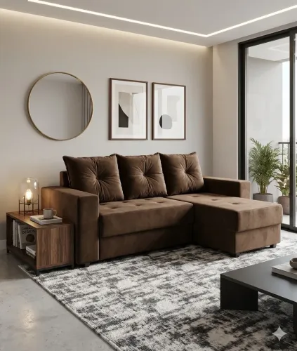 Sofá modelo Chaise e almofadas soltas 