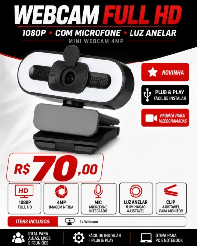 Webcam Full HD 1080p 4MP com Microfone e Luz Anelar