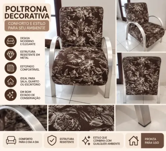 Poltrona Decorativa Estofada Floral com Estrutura em Metal