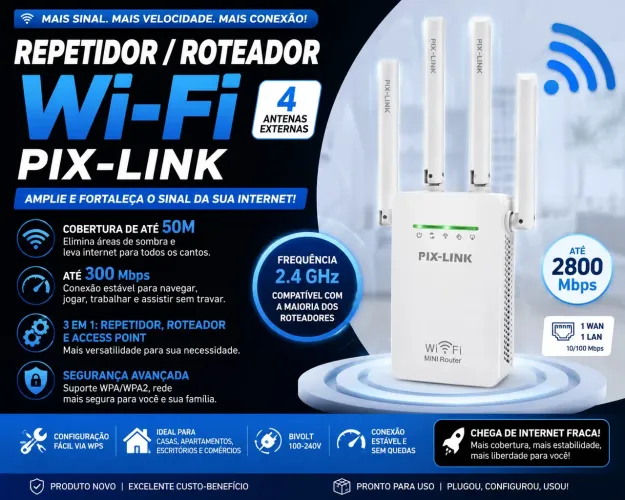 Repetidor Wi-Fi PIX-LINK 4 Antenas | Amplificador de Sinal | 2.4GHz