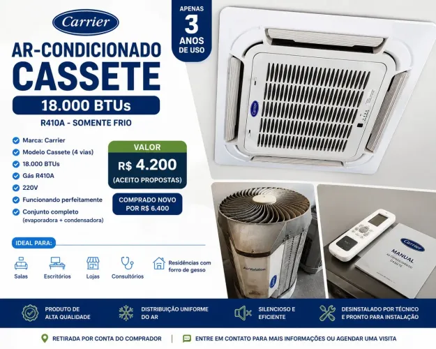 Ar-condicionado Carrier Cassete 18.000 BTUs - Apenas 3 anos de uso - Excelente Estado