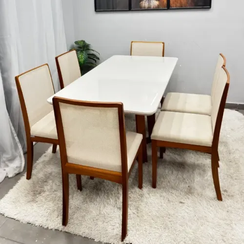 Mesa de Jantar Bali 160x80cm com Vidro e 6 Cadeiras Lara Kappesberg em Linho Madeira Minas