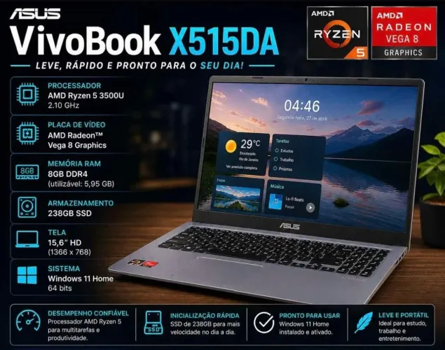 Notebook Asus VivoBook X515DA Ryzen 5 8GB SSD 256GB Windows 11 na Caixa