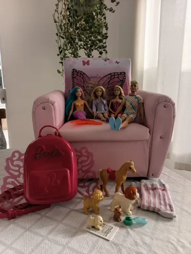 Conjunto Barbie com bonecas Barbies, pets Barbie, poltrona Baú cor rosa Mochila plástica .