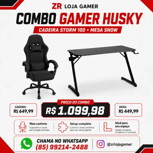 Combo Gamer Husky - Cadeira Storm 100 + Mesa Snow