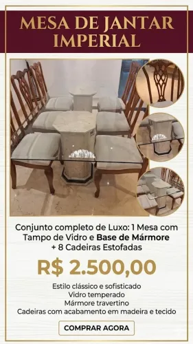 Mesa Jantar Com 8 Cadeiras Tampo De Vidro E Base Marmore