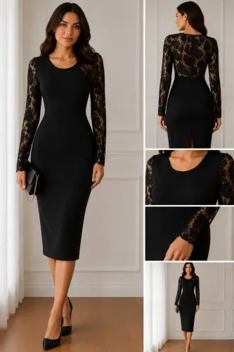 Bazar | Vestido Midi Preto Alta Costura com Renda Manga Longa