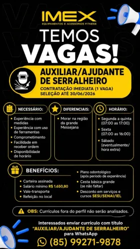 Vaga Auxiliar de Serralheiro - (Seleção até 30/09)