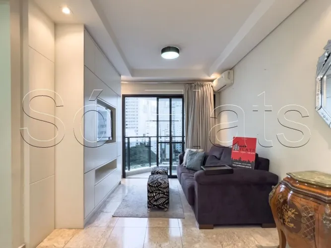 Flat totalmente mobiliado disponível para locação com 45m², 1 dormitório e 1 vaga.