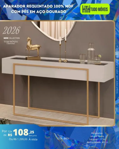 Aparador requintado 100%mdf com pés em aço dourado