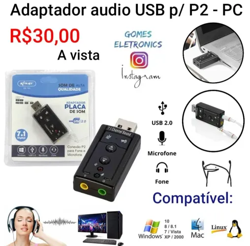 Placa usb de audio para Pc e celular - Audio e Microfone (Loja Fisica)