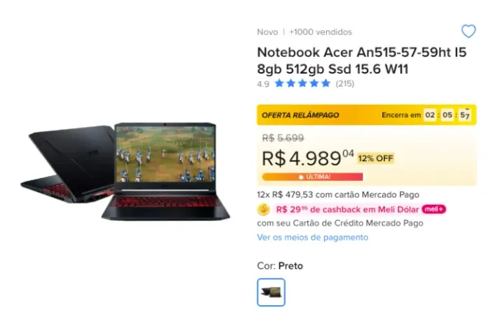 Notebook Gamer - Acer Nitro i5 11400h - 15,6 Fh 24gb Ram- Gtx 1660 -  715GB ARMAZENAMENTO