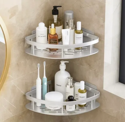 Kit 2 Suporte Banheiro Porta Shampoo, Sabonete Canto Prateleira Prata Organizador Chuveiro