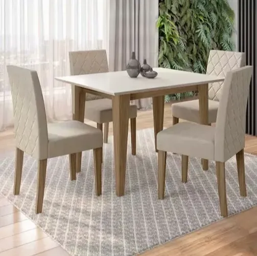 Mesa de Jantar Retangular Poliman Kate - 4 Cadeiras em Suede Carvalho Off White