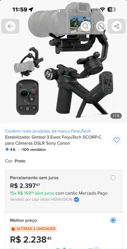 Estabilizador Gimbal 3 Eixos FeiyuTech SCORP-C para Câmeras DSLR Sony Canon