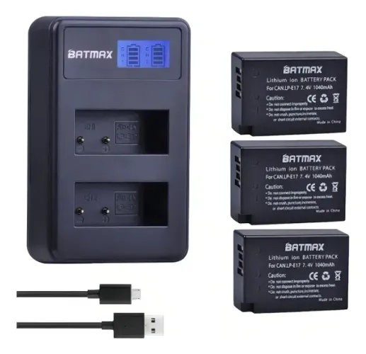 Kit 3 Baterias Batmax LP-E17 com Carregador Duplo para Câmeras Canon Aceito troca