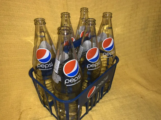 6 Garrafas PEPSI 1 Litro Vintage + Engradado Original - Colecionador