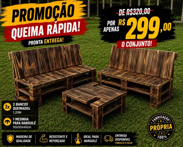 Conjunto 2 Bancos de Pallet Queimados + Mesa Narguilé R$299