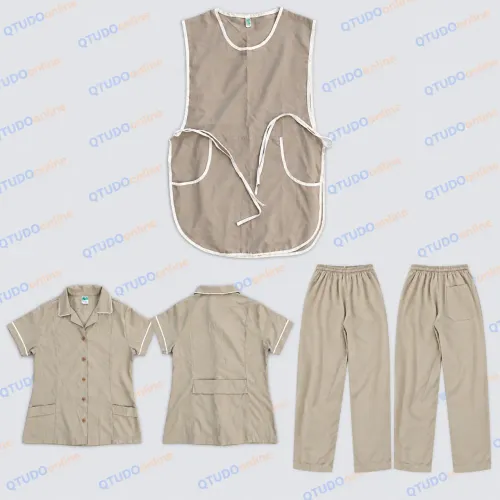 Kit Uniforme Profissional Feminino Bege - Calça + Blusa + Avental