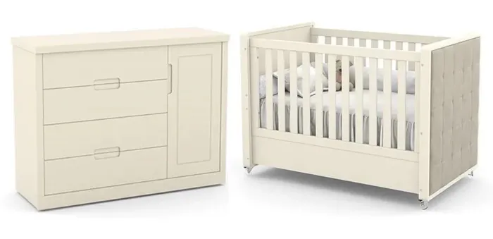 Jogo de Quarto Infantil Tutto New Berço com Capitonê e Cômoda Off White