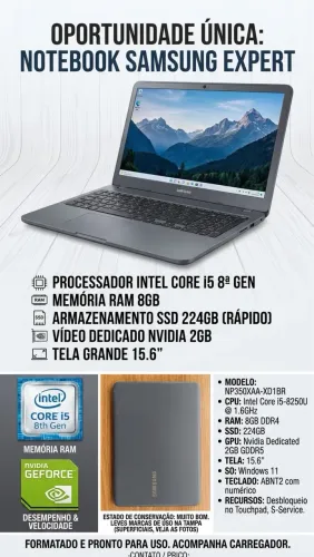 Vendo Notebook Samsung Expert i5 8ª Ger | 8GB RAM | SSD 224GB | Placa Nvidia Dedicada