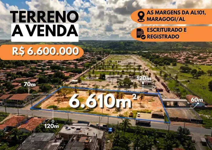 Terreno de 6.610 m² com 112 m de frente para AL 101 em Peroba-Maragogi 120 m do mar