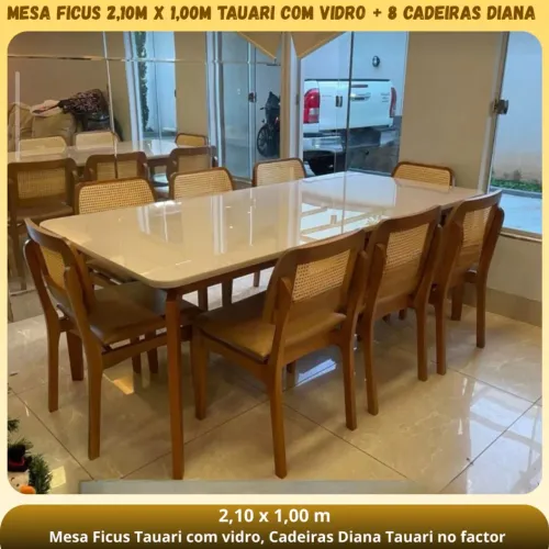 Mesa Ficus 2,10m x 1,00m Tauari com Vidro + 8 Cadeiras Diana 