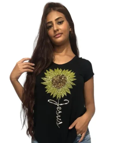 Camiseta t-shirt girassol bordado com pedrarias