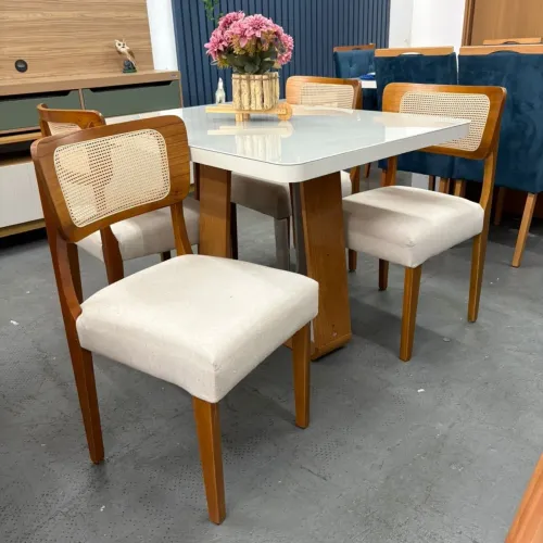 Mesa de Jantar 120 com 4 Cadeiras Linho Bege