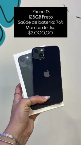iPhone 13 / 128GB / Preto / Saúde de bateria 76% / R$ 2.000,00