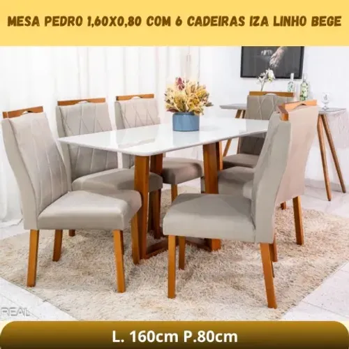 Mesa de jantar de 1.60x0,80 com base de madeira e 6 cadeiras de madeira